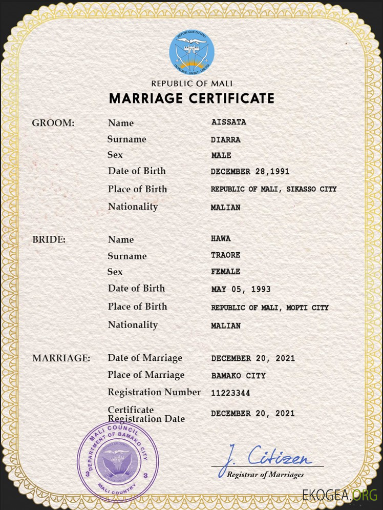 Modèle PSD de certificat de mariage au Mali